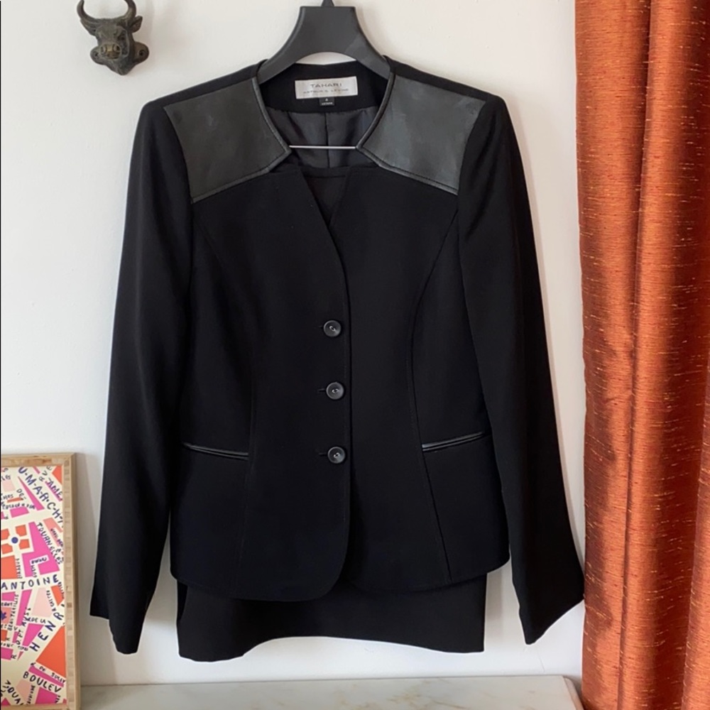 Black Tahari suit, size 4, faux leather details